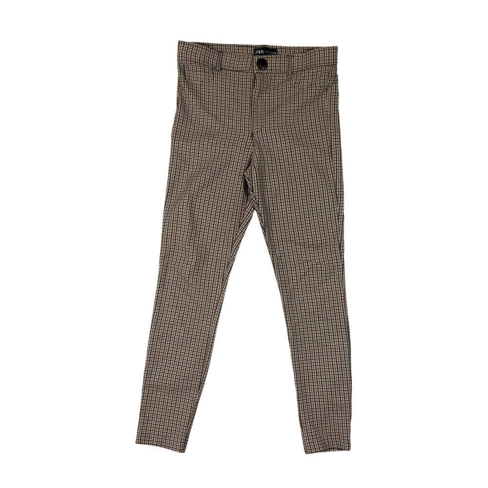 Zara Houndstooth Skinny Pants Womens L Brown & Tan Plaid High Rise Preppy Office